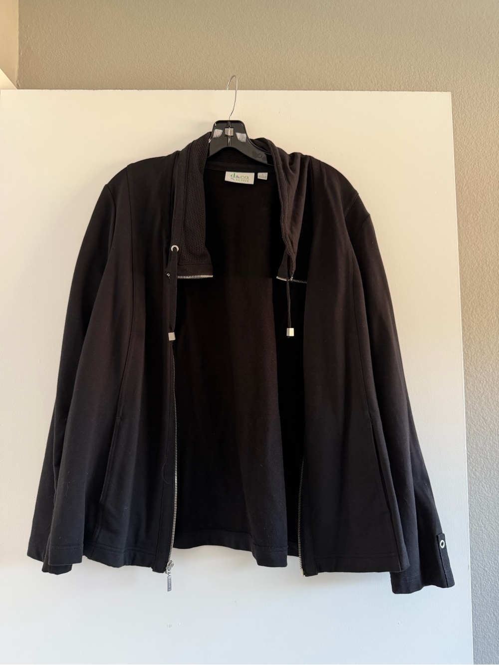Women’s Black Hooded Zip-Front Sweater Jacket with Silver Detailing